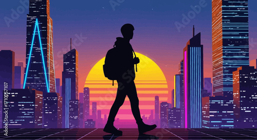 Silhouette of a person walking across a futuristic city skyline with neon lights and a vibrant sunset in a synthwave style.