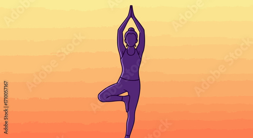 Silhouette of a woman performing a tree pose yoga posture.