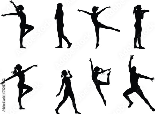 Silhouette illustration of dancers, expressive movement, ballet pose, violinist figure, artistic performance, graceful motion, dynamic energy, creative posture, art
