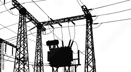 Electrical substation silhouette, transmission towers, high voltage lines, power grid infrastructure, transformer unit, energy distribution, industrial 