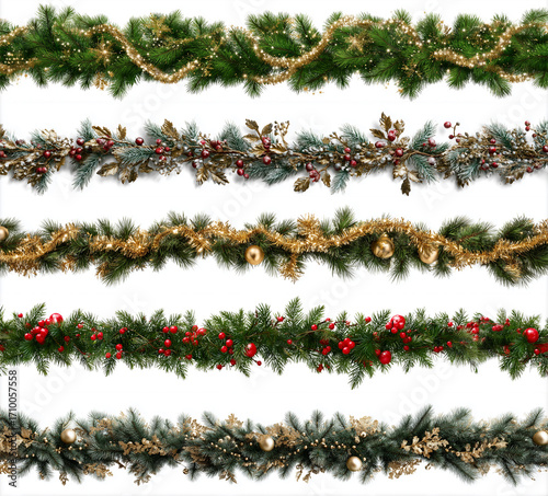 Set of Christmas festive garland with green pine branche isolated on a white background. Fir green branches are decorated. Christmas decor. AI generation