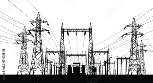 Electrical substation silhouette, transmission towers, high voltage lines, power grid infrastructure, transformer unit, energy distribution, circuit breakers, 