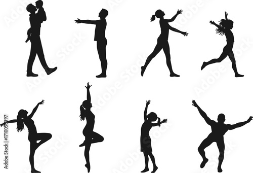 Silhouette illustration of expressive human poses, dance, yoga, movement, child and adult figures, celebration, balance, energy, posture, emotion