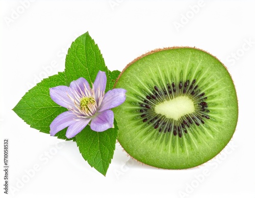 A Sliced Kiwi with a Purple Flower