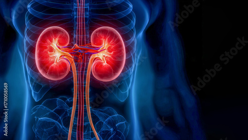 Detailed anatomical illustration of human kidneys, showcasing vascular connections and surrounding structures, emphasizing renal function and health in a vibrant, colorful representation