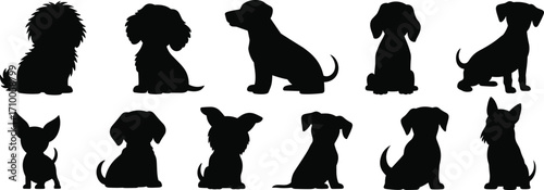 Dog silhouette illustrations, pet breed icons, black and white clipart, seated poses, canine shapes, animal bundle set, vector pack