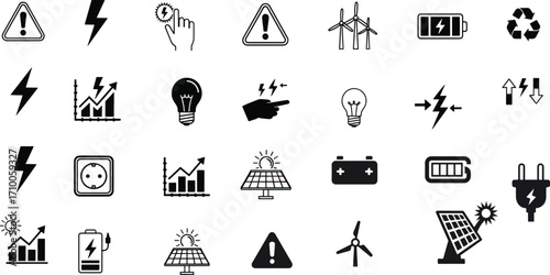 24 Energy Icons Renewable Power, Electricity, and Sustainability Symbols