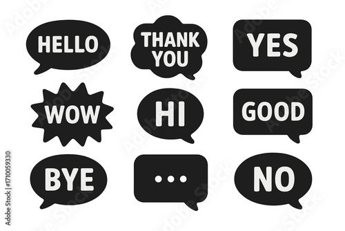 Colorful speech bubbles featuring common expressions and greetings in a fun design suitable for communication themes