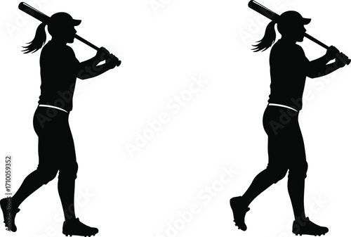 Silhouette of a female baseball player swinging a bat duplicated image