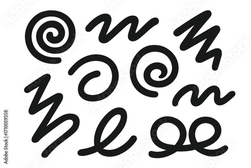 Unique black spiral and wavy line patterns on a white background showcasing creativity in design and artistic expression