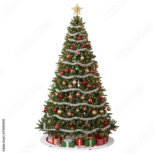 Beautiful decorated christmas tree with presents underneath