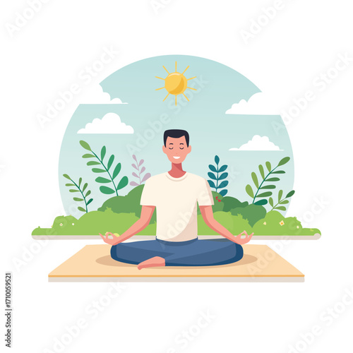 Man meditating in nature, sitting in lotus position on a mat.
