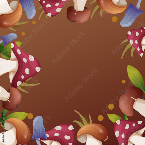 Vector Autumn natural background with mushrooms on brown background, fall bright landscape, banner, place for text