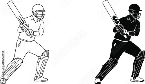 Two cricket players in action a black and white illustration