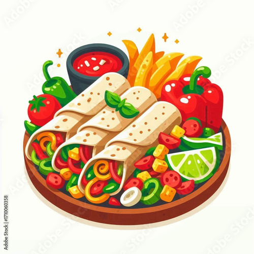 Cartoonish platter featuring three burritos surrounded by vibrant vegetables sauce and fries
