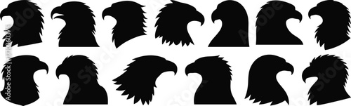 Eagle head silhouette illustrations, bird of prey icons, black and white clipart, fierce animal designs, logo bundle set, vector pack