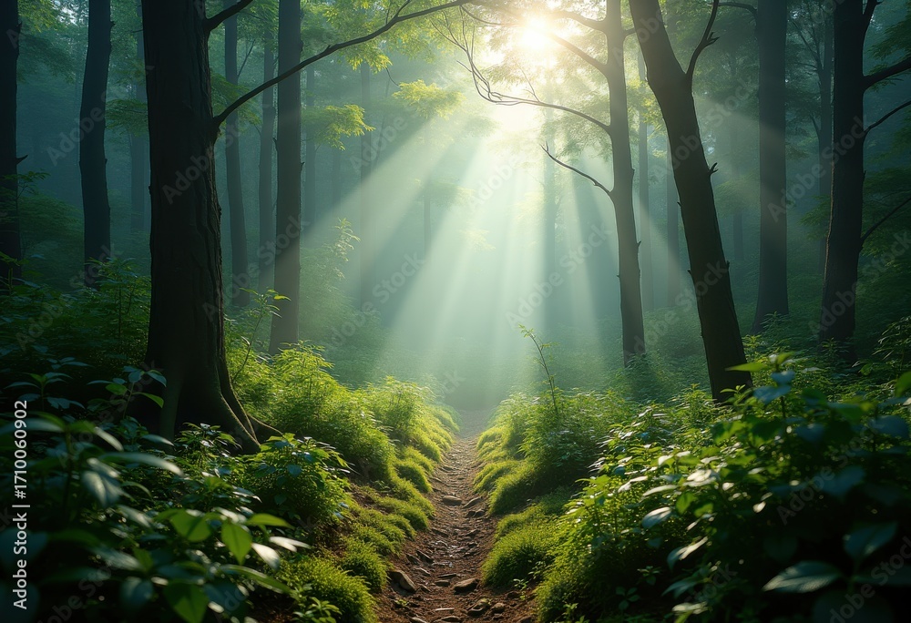 Fototapeta premium Enchanting Evergreen Forest Misty Morning Ambiance Tranquil Nature Scene Serene Atmosphere Lush Greenery