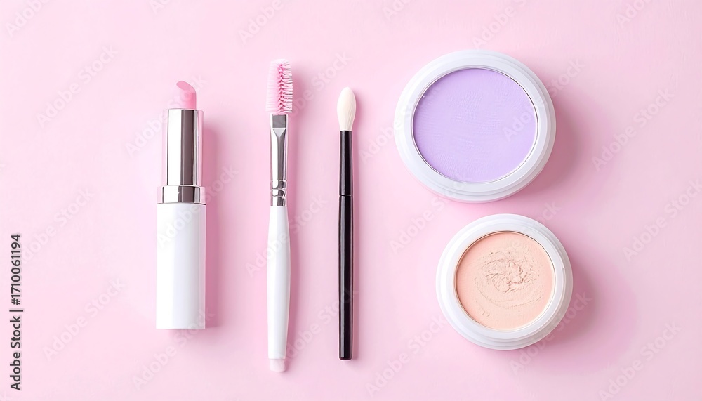 Obraz premium A minimalist flat lay arrangement of various cosmetic products including lipstick, brushes, and face powder on a soft pastel pink background. Ideal for beauty, makeup, and fashion related themes