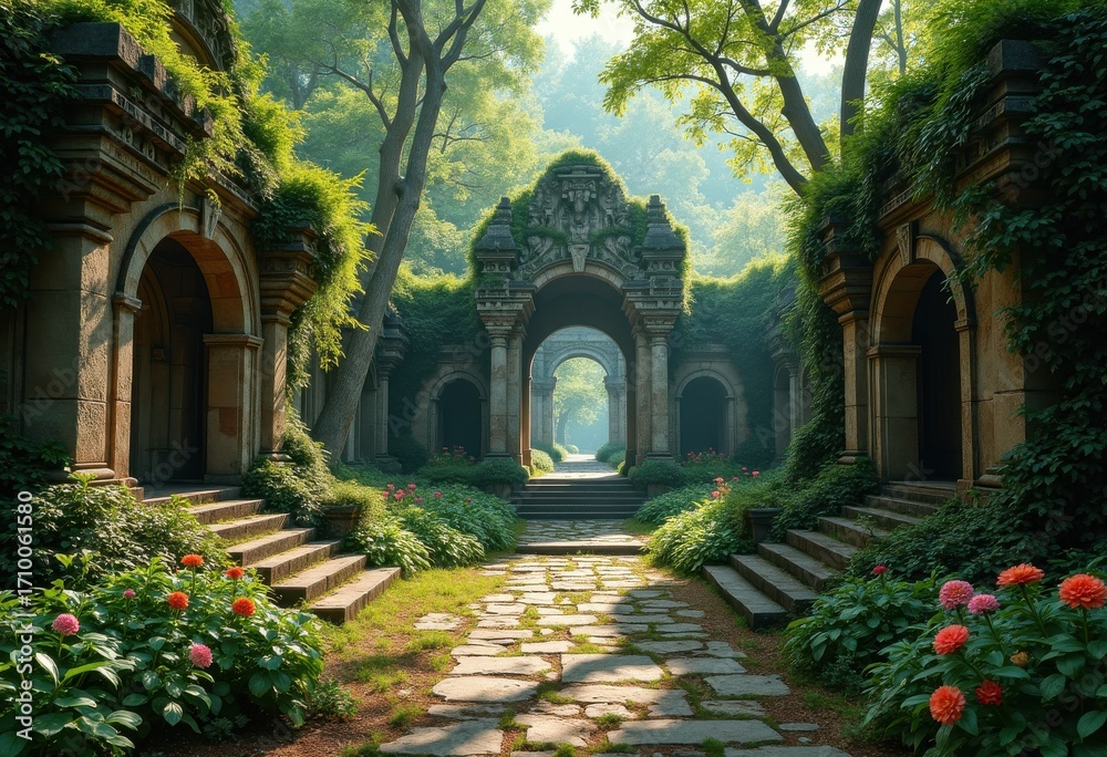 Fototapeta premium Stunning Historic Ruins Enveloped by Lush Flora and Vibrant Greenery Nature Scene