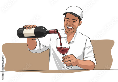 A smiling bartender pours red wine into a glass, embodying ?The Passion?.  Warm lighting and a relaxed setting create a welcoming atmosphere.  Commercial use suitable.