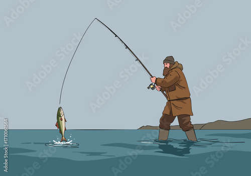 A bearded fisherman casts his line, aiming for a leaping fish. The scene evokes tranquility and outdoor recreation. Clear composition, soft colors, and a focus on the action.