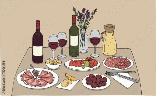 beautifully arranged table showcases wine tapas and delicacies Rustic charm and vibrant colors create an inviting celebratory scene Perfect for food lifestyle or hospitality themes