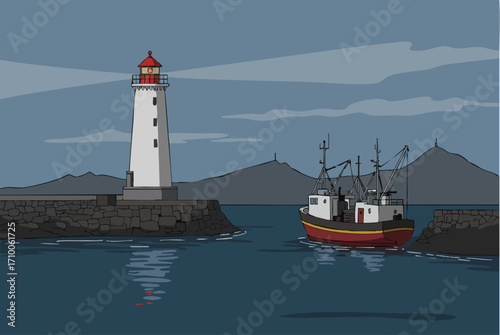 charming illustration depicts a lighthouse guiding a fishing boat in a coastal harbor The scene showcases a serene maritime landscape with mountains in the background