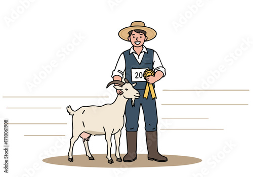 A smiling farmer proudly displays his prize-winning goat at a county fair.  A vibrant ribbon signifies his achievement.  Cheerful and wholesome imagery.