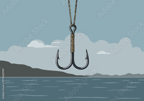 A fishing hook hangs suspended against a cloudy sky. The simple composition and muted tones create a visually striking image. ?Hook the Tradition? text overlay.