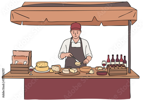 friendly vendor presents a cheese and wine stall He expertly pairs cheeses with wine creating a delightful experience Rustic inviting and perfect for food & lifestyle imagery