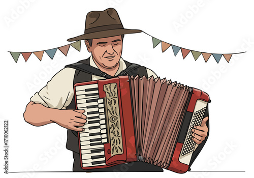 A smiling man plays an accordion at a festive outdoor event, adorned with bunting.  Warm colors and a vintage feel create a charming scene. Perfect for heritage or celebration themes.