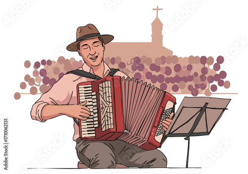 A smiling man plays an accordion amidst grape vines and a church.  A charming scene of Italian countryside life.  Perfect for wine, travel, or music themes.