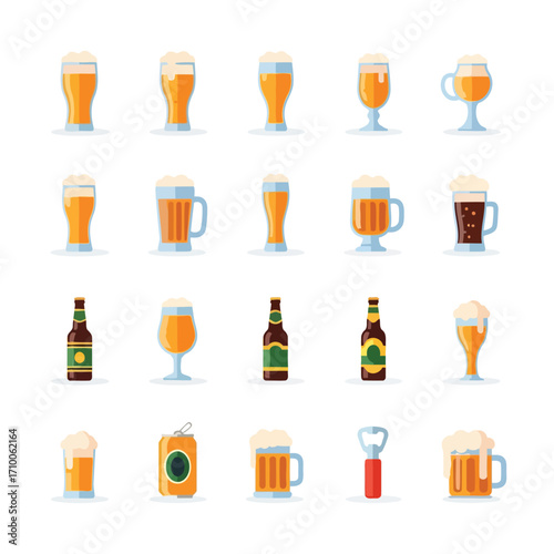 Vector art of an assortment of beer glasses, bottles, cans, and an opener, showcasing various styles and brands