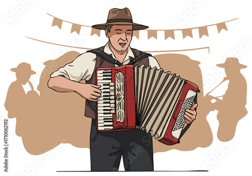 A smiling man plays an accordion at a festive outdoor event. Warm colors and bunting create a lively, heritage atmosphere.  Ideal for celebrations and cultural themes.