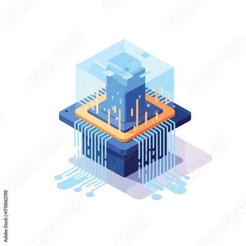 Isometric illustration of a futuristic central processing unit with glowing data streams and circuits.