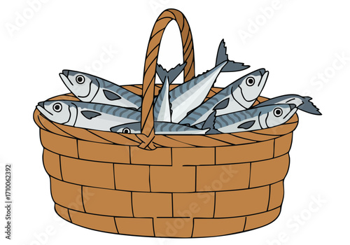 A rustic wicker basket overflows with fresh mackerel. A charming, detailed illustration perfect for seafood, fishing, or coastal themes. Clean lines and a warm color palette.