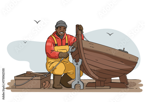 skilled craftsman repairs a wooden boat demonstrating dedication and expertise Warm colors and a rustic setting evoke a sense of tradition and craftsmanship Ready for action!