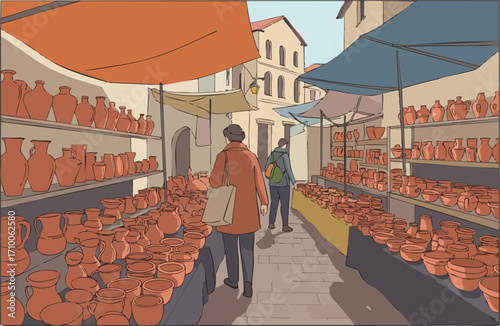 shopper strolls through a vibrant Italian market filled with terracotta pottery The scene showcases a charming streetscape with striped awnings and a bustling atmosphere