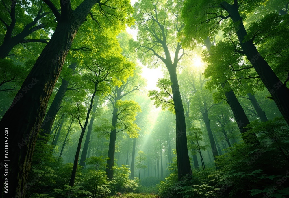 Naklejka premium Lush Green Forest Canopy Underneath Vibrant Leaves Bathed in Sunlight Filtering Through the Branches