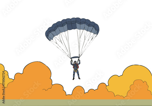 skydiver jumps with a parachute soaring against a cloudy sky The image evokes adventure and a journey  Bold colors and a dynamic composition create a visually striking scene