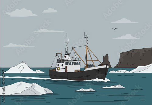 A small sailboat navigates icy waters near a rocky coastline. Two figures are onboard, enjoying a scenic sail. Minimalist, graphic style. "Sail the Catch".