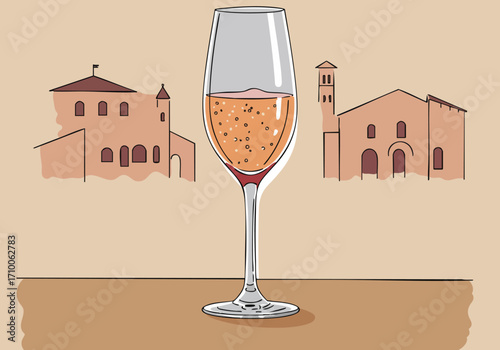 A sparkling glass of wine sits before a picturesque Tuscan landscape.  A warm, inviting scene perfect for travel, food, or lifestyle imagery.  'Sparkle the sip.'