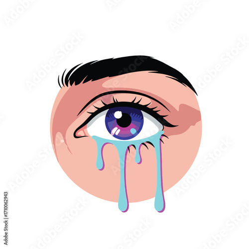 A stylized illustration of a human eye with vibrant purple and blue iris, shedding tears that drip down.