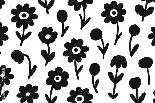 Black flower pattern on white background showcases simple floral design ideal for textiles and decor