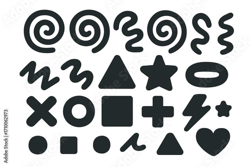 Various abstract shapes and symbols displayed on a white background for creative design purposes