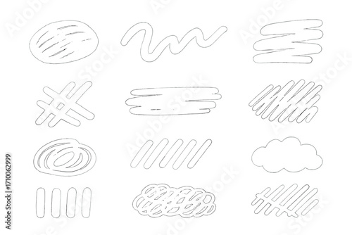 Various hand-drawn lines and shapes on a white background showcasing creative sketching techniques