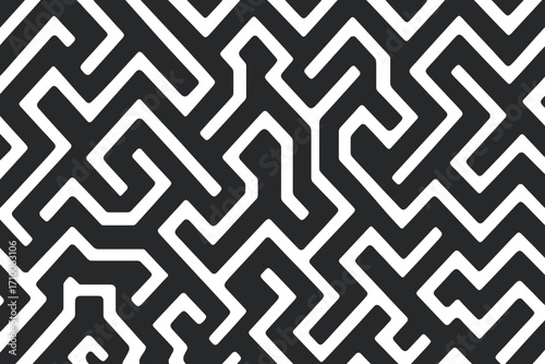 Complex black and white maze design with intricate patterns and pathways creating visual interest