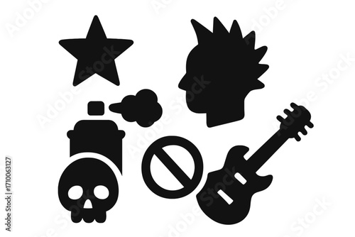 Creative black silhouettes of punk rock symbols including a skull, guitar, and star with an edgy design