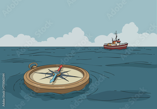 A vintage compass floats on the ocean, guiding a small boat towards the horizon. ?Point The Plenty? text adds a nautical feel.  Clear, bright, and inviting.