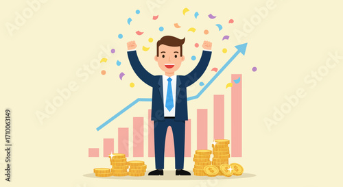 Successful Businessman Celebrating Financial Growth with Rising Graph and Coins.